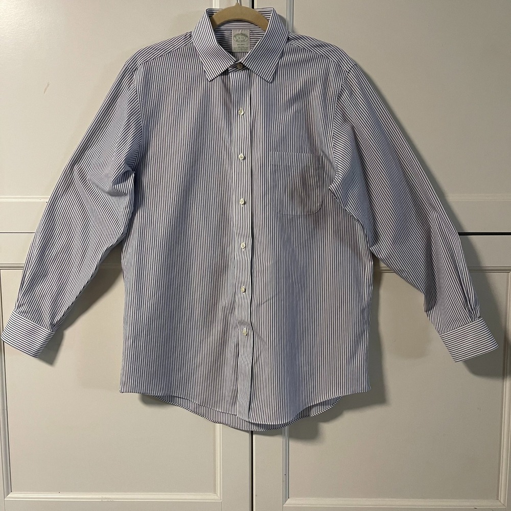 Brooks Brothers Milano Fit Dress Shirt Mens 16-33 Blue White Stripe Non-Iron